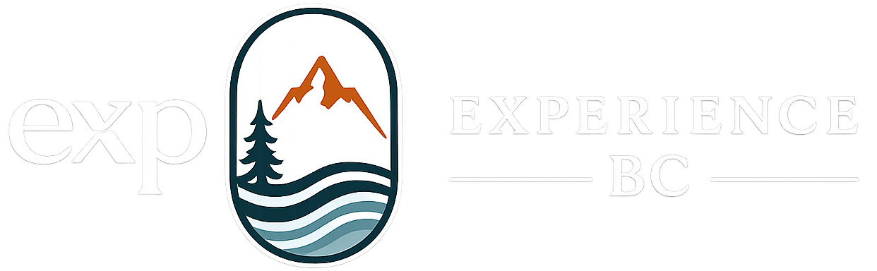 Logo with a mountain, tree, and water in an oval, text 'EXPERIENCE BC'.